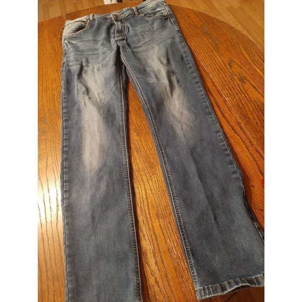 34x32 CJ Black Mid Rise Zipper Pocket Denim Blue Jeans Slim Straight Flex